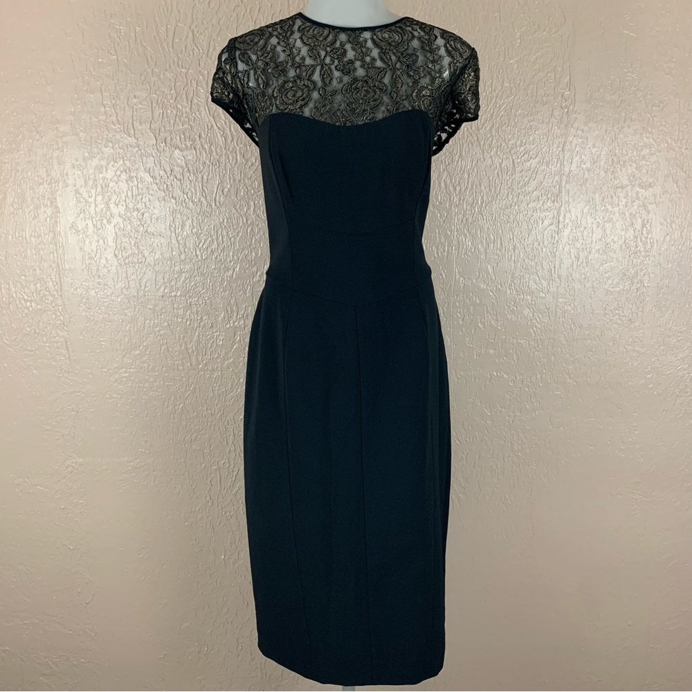Maggy London Illusions Gold Floral Lace Black Midi Sheath Dress